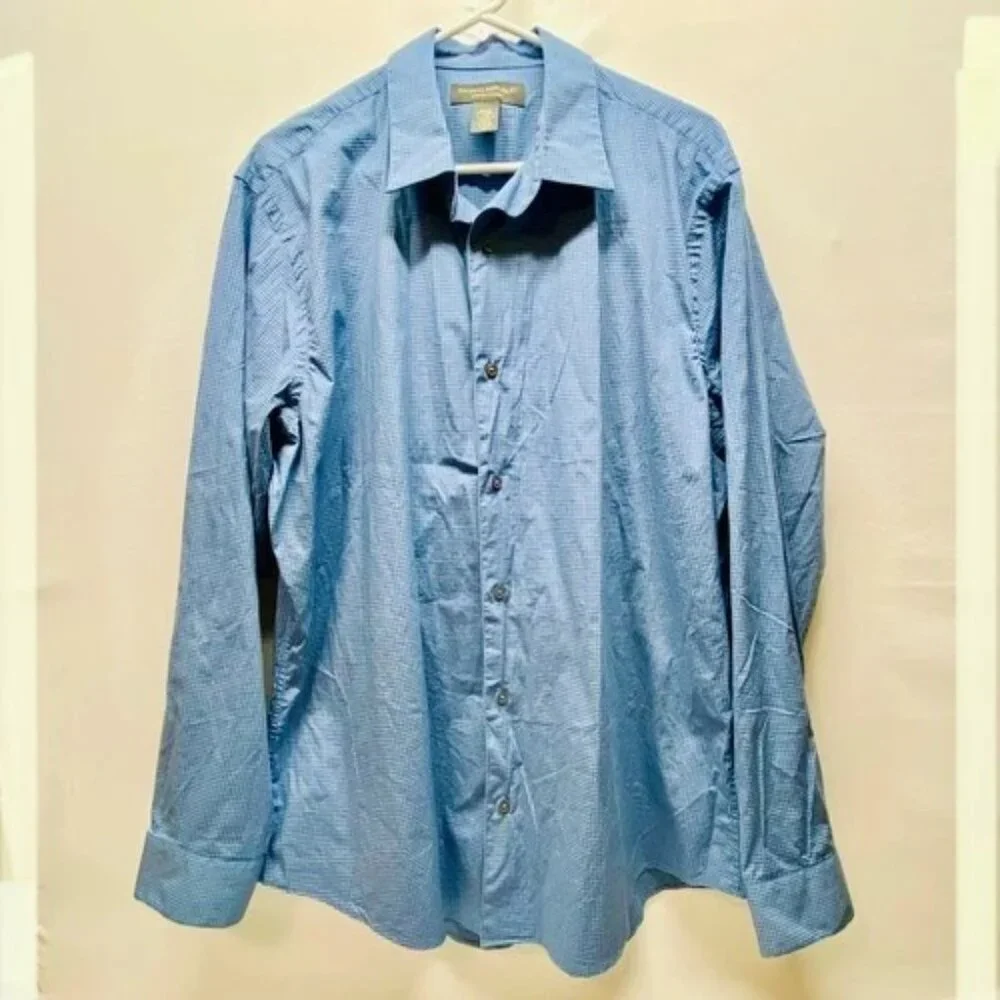 Banana Republic‎ Dress Shirt Men's XL Blue Mini Check Stretch Classic Poplin EUC